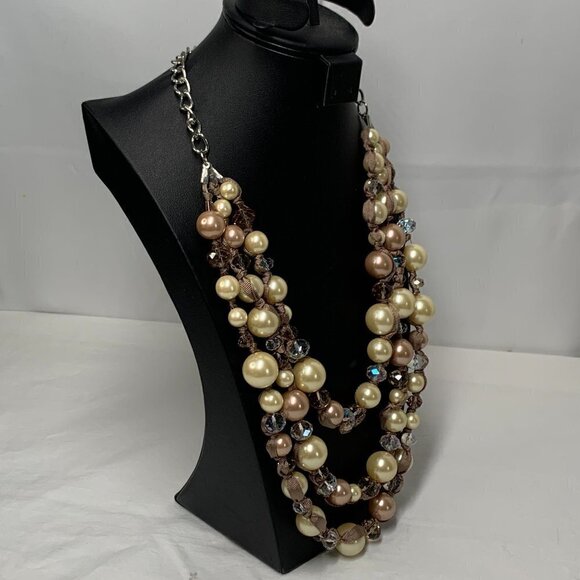 Triple Strand Faux Pearl, Crystal Bead & Ribbon Necklace - Ivory/Pink - Picture 3 of 12